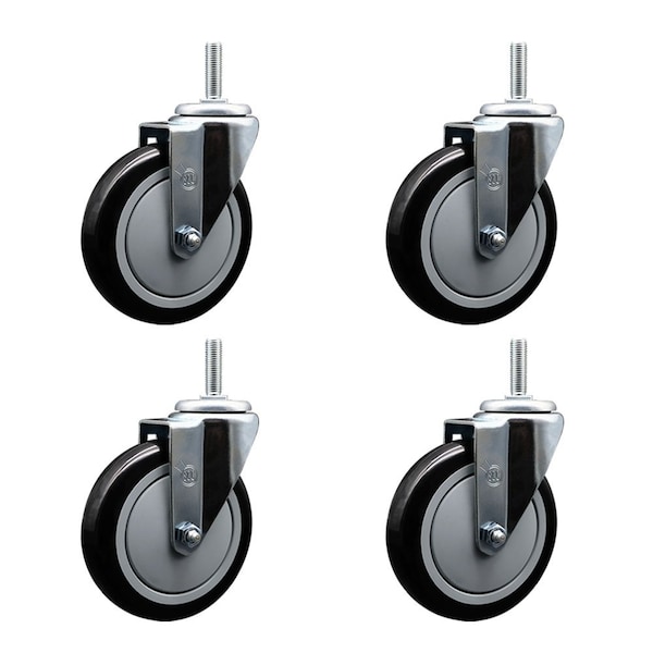5 Inch Black Polyurethane Wheel Swivel 58 Inch Threaded Stem Caster Set Service Caster